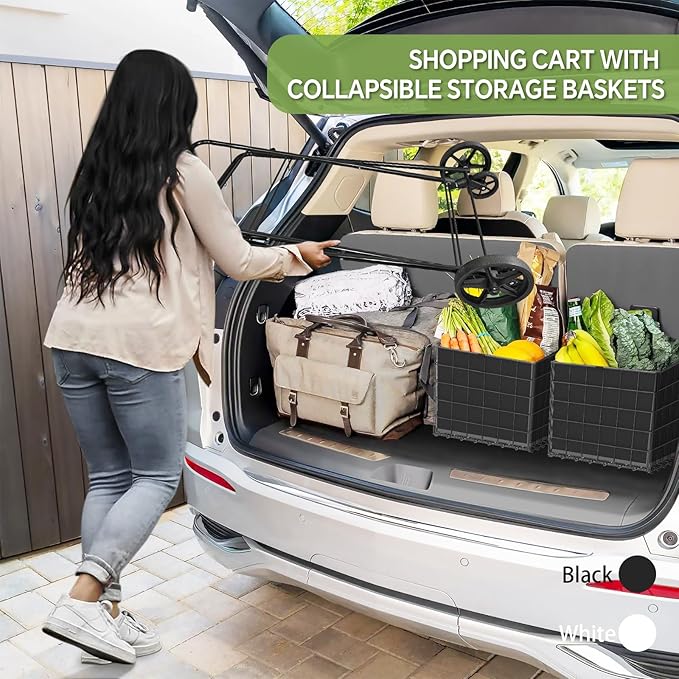 JIALIJIU 2-Tier Shopping Cart for Groceries, Folding Grocery Cart with 360° Rolling Wheels, Heavy Duty Utility Carts with 2 Waterproof Liners, Multi-Functional Trolley for Laundry, Household, Black