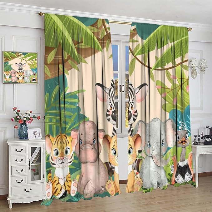 Animals Curtains Colorful Forest Cartoon Cute Zebra Tiger Elephant for Kids Boys Girls Nursery Bedroom Living Room Blackout Rod Pocket Decoration Window Drapes 2 Panels W21xL45in