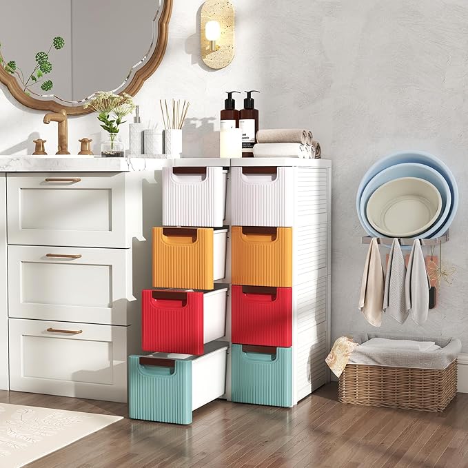 Giantex 4 Drawers Storage Cart, Narrow Plastic Dresser, Rolling Organizer Cart for Office Classroom Bedroom Bathroom Art Craft Supplies, Mobile Slim Utility Cart on Wheels, Multicolor