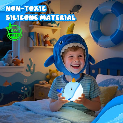 Ammonite Blue Narwhal Night Light, Soft Silicone Whale Nursery Lamp with 3 Dimming Levels and 30-Minute Timer, Touch Control Nightlight for Bedroom Decor, Christmas Birthday Gift