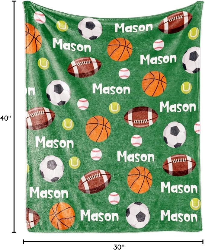Personalized Ball Blanket with Name for Boys, Custom Name Blanket for Kids Ball, Soft Flannel Ball Toddler Blanket Customized Gift for Birthday Christmas Baby Shower Newborn Gift 30x40in