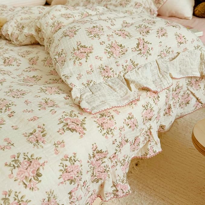 BuLuTu Cottage Pink Floral Duvet Cover King, Muslin Comforter Cover with Ruffles, Princess Bedding Quilt Cover with Zipper & Corner Ties,90"x90", No Pillow Case, Soft Breathable Lightweight