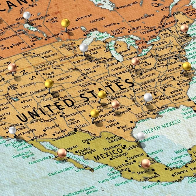 ElephantStock - Personalized Wanderer Push Pin World Map Wall Art - Horizontal Canvas Wall Art - Living Room Wall Decor - Digital Art Map Canvas Art - Orange And Blue Decor - 39" x 26"