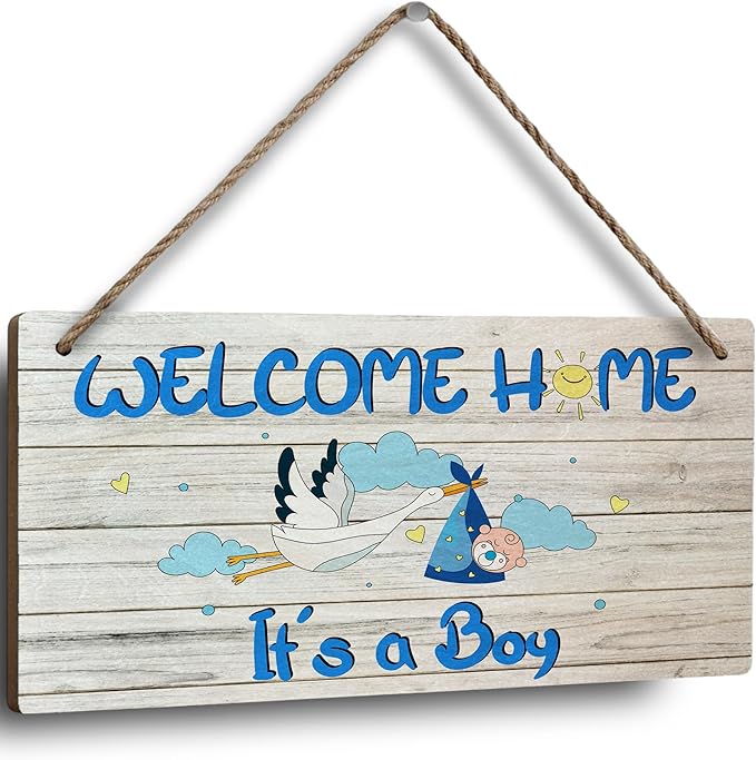 Welcome Home Newborn Baby It’s a Boy Wooden Door Sign, Baby Boy Signs for Door, Welcome Sign Décor for Front Door & Nursery, Hanging Newborn Announcement Plaque
