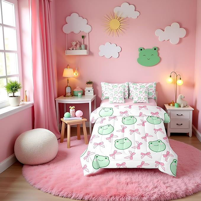 7 Pieces Pink Bowknot Comforter Set Full,Cartoon Frog Bow Tie Butterfly Knot Princess Bedding Set,Geometric Patchwork Cute Sweet（Comforter+Fitted+Flat Sheet+2 Pillowcases+2 Throw Pillow Covers）