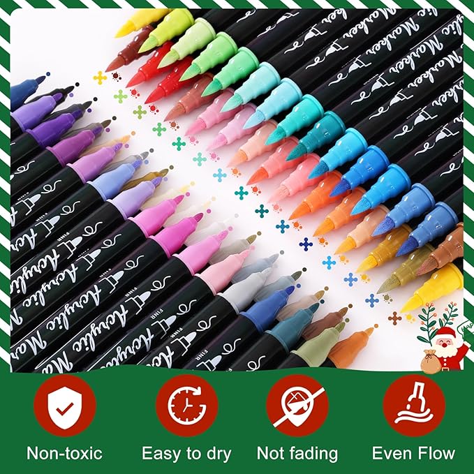 TOSAHRE Acrylic Paint Pens Markers 60 Colors Waterproof Dual Tip Acrylic Markers Set with Brush & Fine Tip Coloring Pens for Rock Painting Wood Scrapbook Fabric Glass Ceramic DIY Craft Art Supplies