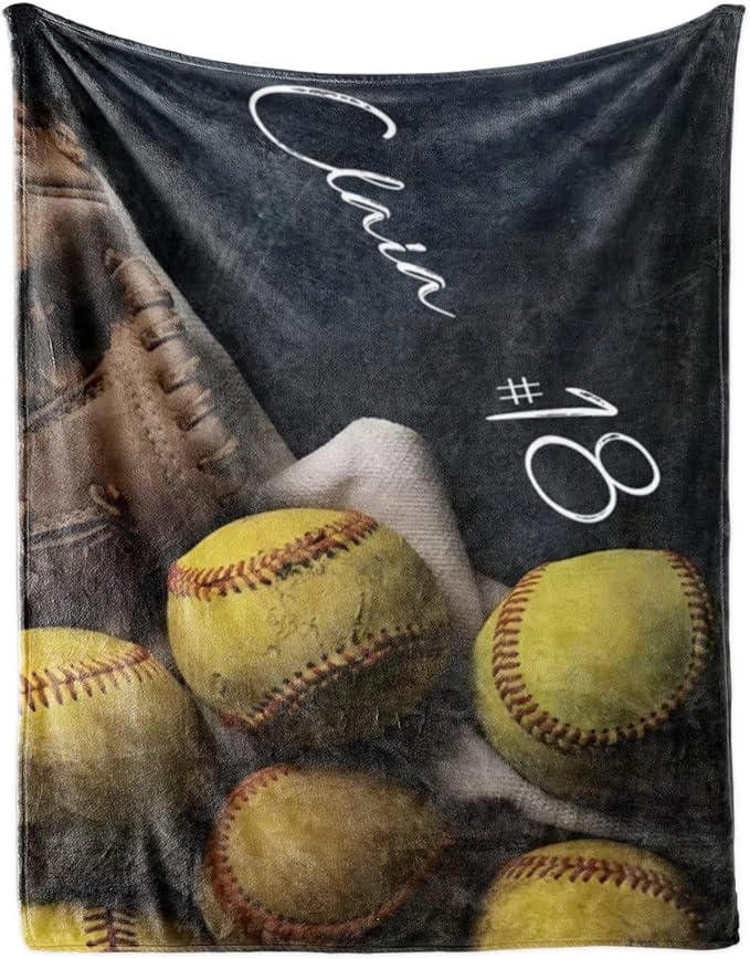 Personalized Baby Softball Bed Blanket: Custom Name and Number Sport Blankets for Toddler Boys Girls Adults Birthday Mothers Fathers Easter (30X40inch)