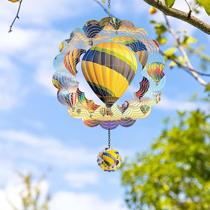 J-Fly Hanging Decor Outdoor,Outdoor Garden Decor，Wind Spinners Outdoor Colorful Hot Air Balloon Hanging Decor,Ornaments Kinetic Yard Art, for Women-Yellowish Gray Hot Air Balloon