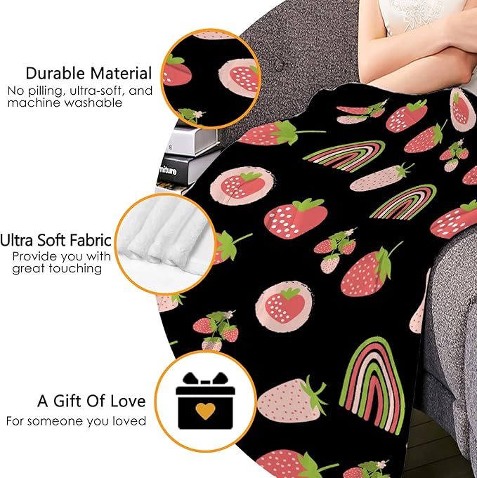 Thuswarm Cute Pink Strawberry Rainbow Flannel Throw Blanket Warm Cozy Soft Funny Print Blankets for Bed Couch Sofa Room Decoration Gifts 60"×50" Medium for Teen