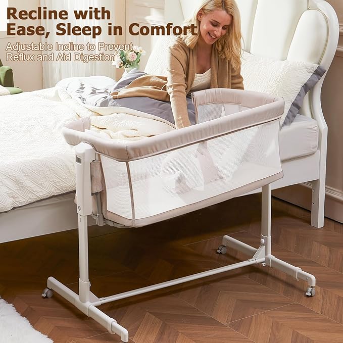 Baby Bassinet Bedside Sleeper 3-in-1, Easy Night Feeding with One-Side Fold & Rolling Wheels, Breathable Mesh, 6-Height Adjustable, Soft Mattress for Newborns