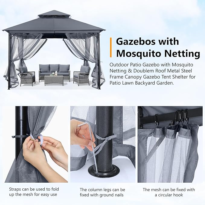 ABCCANOPY Outdoor Patio Gazebo 11x11 - Double Roof Canopy with Mosquito Netting for Backyard, Deck, Garden, Lawn, Dark Gray