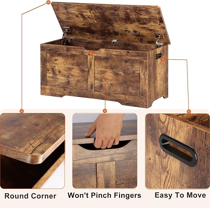39.4" Storage Chest, Wooden Storage Bench, Lift Top Toy Chest with 2 Safety Hinges, Large Toy Box, Entryway Bench for Living Room, Bedroom, Rustic Brown
