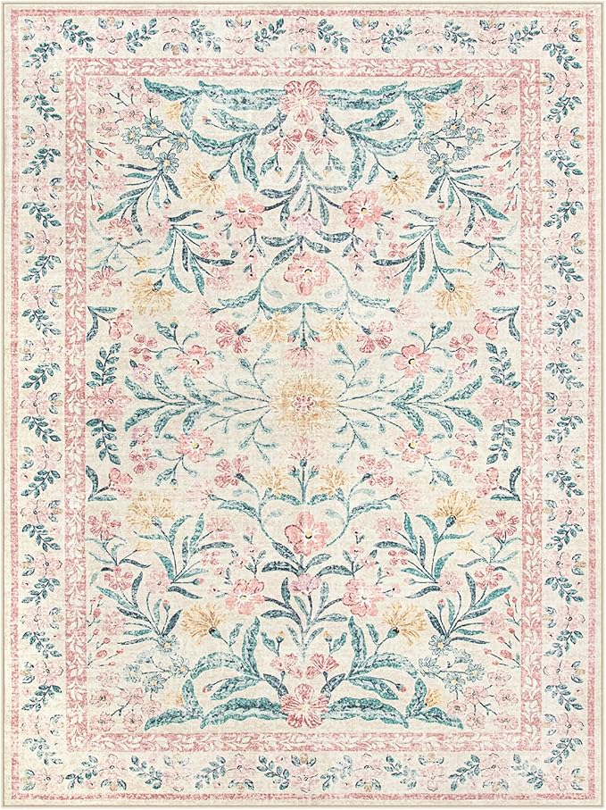 Wonnitar Floral Large Rugs for Living Room, Soft Light Pink Rug Washable 9x12 Carpet Non Slip, Boho Foldable Non-Shedding Kids Carpet for Bedroom Girls Nursery Dorm Playroom