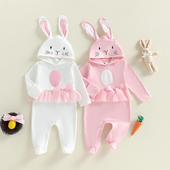 Twopumpkin My First Easter Outfit Baby Girl Newborn Bunny Onesie Ruffle Tulle Tutu Dress Romper Hooded Jumpsuit With Ear