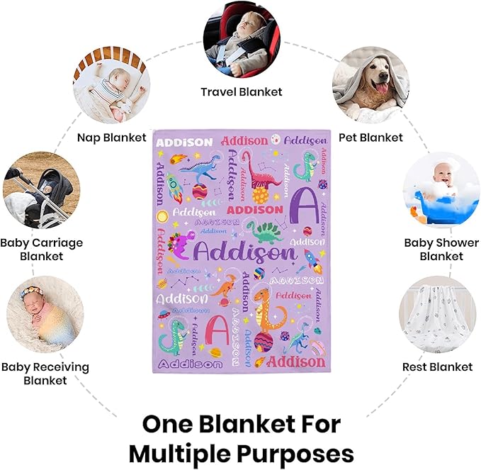 Personalized Dinosaur Lover Astronaut Gifts - Purple Baby Dinosaur Custom Blanket for Toddler Boys Girls - Super Soft Fuzzy Lightweight Flannel Throw Sheet Decor for Newborn Crib Nap Couch - 30" X 40"
