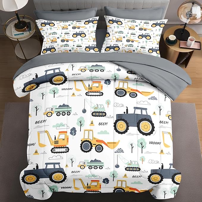 5 Pcs Twin Size Comforter Set with Pillowcase & Sham, Tractor Bedding for Kids and Adults, Construction Truck Bedding Set with Flat & Fitted Sheet