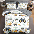 7 Pcs Queen Size Comforter Set with 2 Pillowcases & 2 Shams, Tractor Bedding for Kids and Adults, Construction Truck Bedding Set with Flat Fitted Sheet