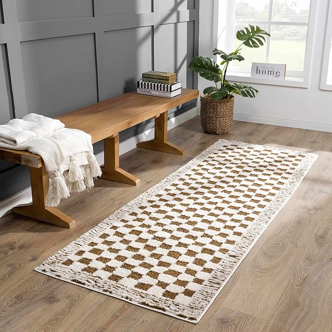 Hauteloom Leryn Living Room, Bedroom Area Rug - Checkered - High Pile - Bone - 6'7" x 9'