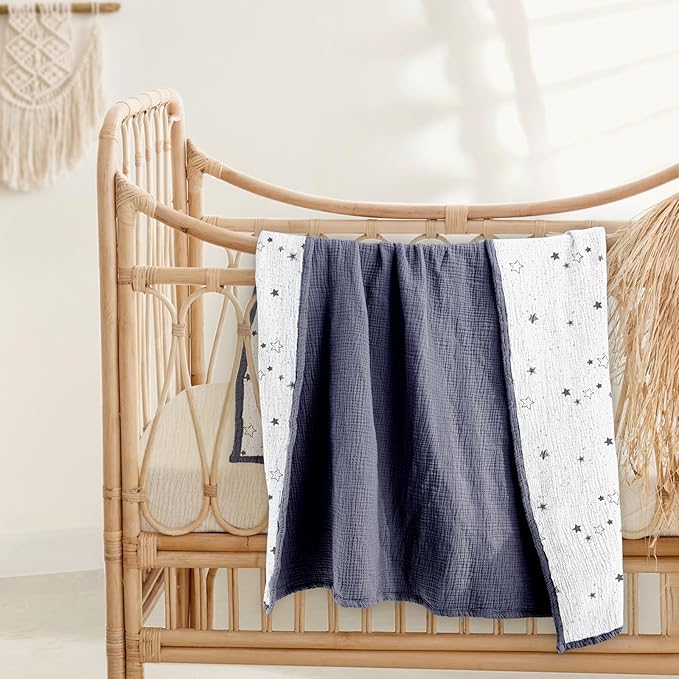 lulumoon Muslin Quilt Blanket, Crib Blanket for Baby and Toddler,47x47 Inches(Blue Star)