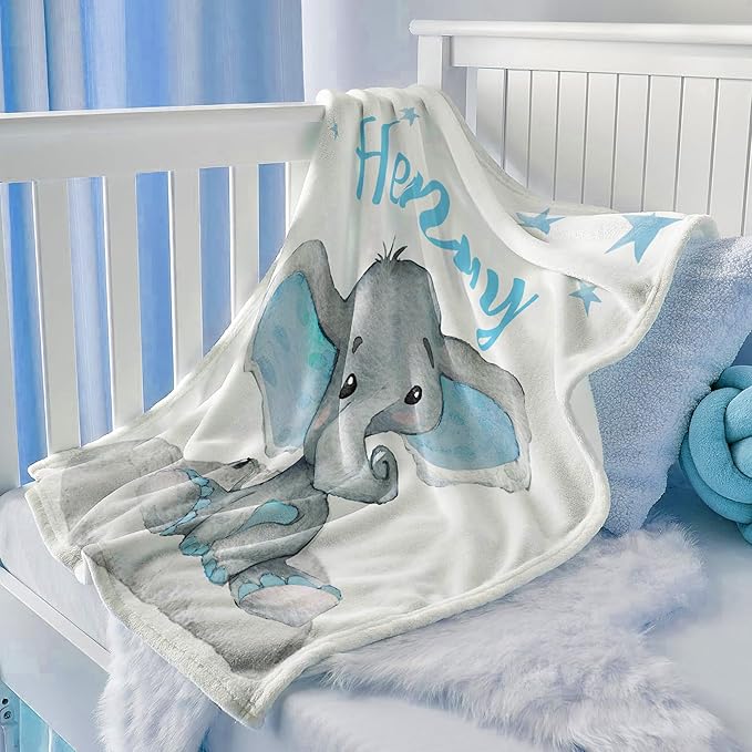 Ship Next Day, Personalized Baby Blanket for Boys Girls, Custom Elephant Blanket with Name, Newborn Receiving Blankets for Swaddle Toddler, Baby Shower Birthday Kids Blankets Unisex