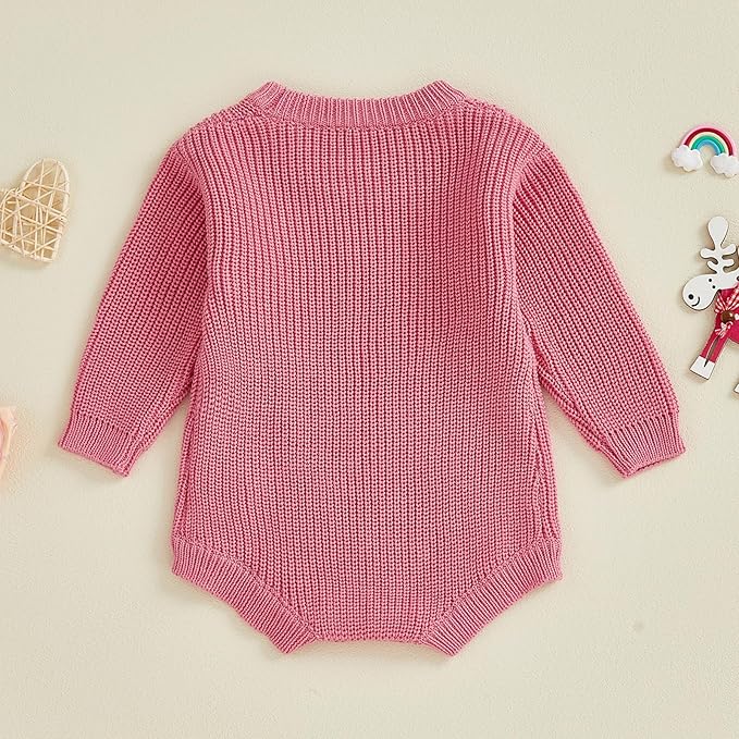 Lesimsam Newborn Baby Boy Girl Valentines Day Outfit Oversized Embroidery Long Sleeve Knit Sweater Bubble Romper Bodysuit
