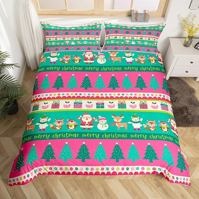 Christmas Bedding Set Cute Snowman Santa Claus Deer Comforter Cover for Kids Christmas Tree Xmas Theme Duvet Cover Breathable Pink Geometric Stripes Bedspread Cover Room Decor Quilt Cover King Size