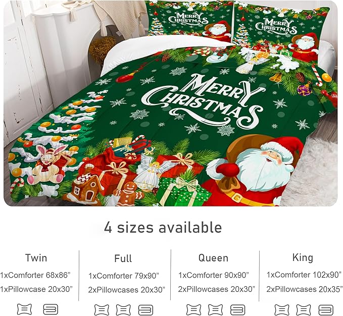 Green Christmas Comforter Twin: Merry Xmas Santa Claus Bedding Set for Kids Teen Girls Boys Christmas Tree Gifts Quilts Holiday Decor Bed Set 1 Comforter & 1 Pillowcase