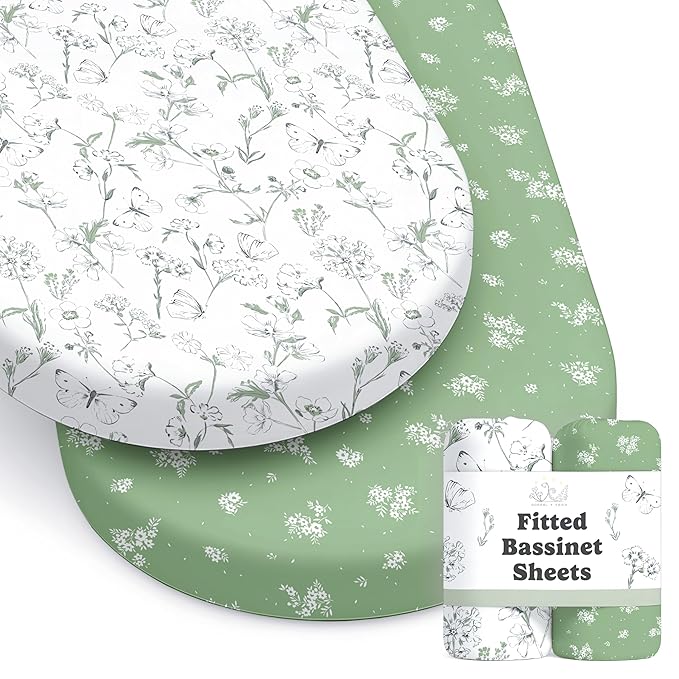 Baby Bassinet Sheets Girl (Butterfly Garden) 2-Pack - Fitted Bedside Bassinet Sheets - Buttery Soft Cotton Blend for Standard Mattress Pad - Compatible with Halo BassiNest