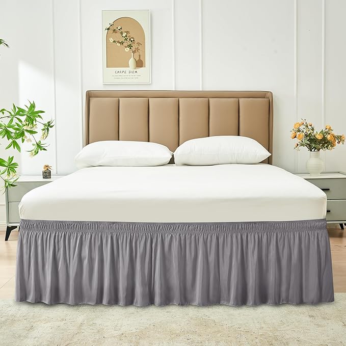 Biscaynebay Wrap Around Bed Skirts for Twin & Twin XL Beds Short Drop of 12", Silver Grey Adjustable Elastic Dust Ruffles Easy Fit Wrinkle Resistant Silky Luxurious Fabric Machine Washable