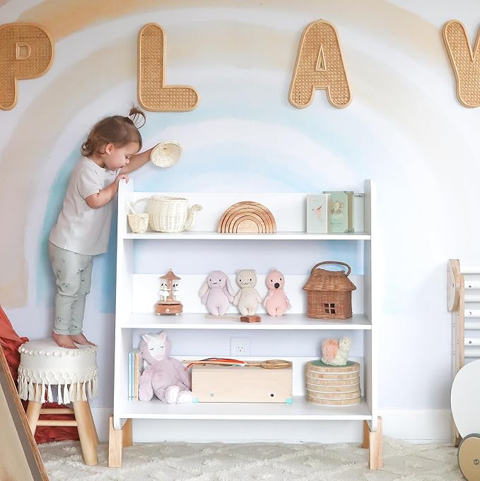 dadada Muse Toddler Bookshelf, 3-Tier 30" Modern Storage Display, White/Natural