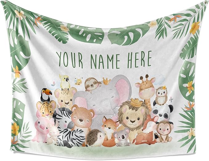 Personalized Baby Blankets with Name | Custom Woodland Newborn Blanket for Baby Girl and Baby Boy | Unisex Warm Soft Fleece Swaddle Blanket Minky | (Group Animals, Fleece 60"x80")