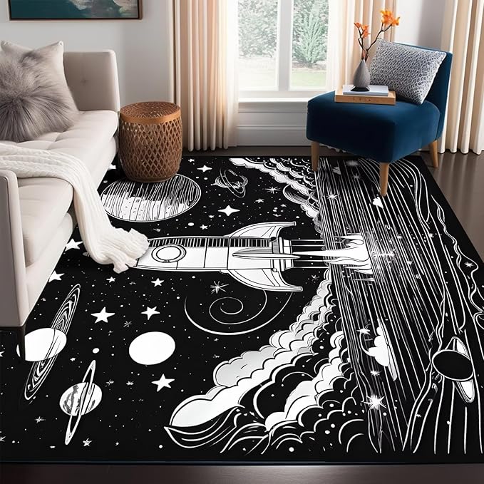 5' x 7' Space Rocket Rug for Kids Bedroom Black Stars Rugs Galaxy Carpet Planet Printed Throw Rugs for Boys Children Living Room,150x210cm