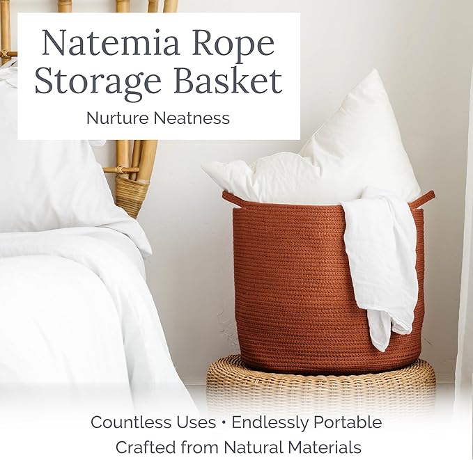 Natemia Extra Large Storage Basket (20" x 20" x 14") - Woven Baskets for Storage, Baby Storage Basket and Toy Organizer, Blanket Basket, Perfect Baby Registry Gift, Rope Baskets for Storage