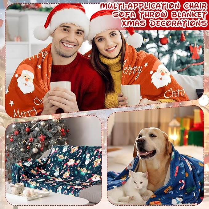Buryeah 4 Pack Christmas Throw Blankets Bulk Snowman, Igloo, Santa Claus, Bells, Xmas Tree Soft Cozy Christmas Plush Flannel Blanket for Sofa, Bed, Couch, Home Decor Xmas Supplies, 50 x 60 Inches