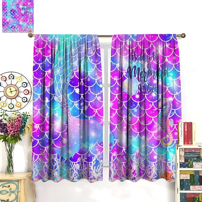 Dream Mermaid Curtains for Kids Boys Girls Ocean Theme Colorful Rainbow Fish Tail Blackout Window Treatment for Bedroom Nursery Room Decor Window Drapes 72" W X 63" L