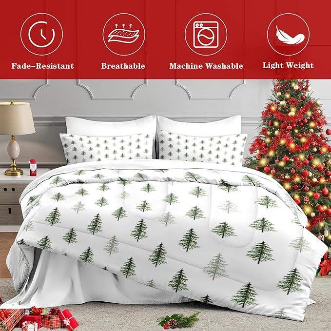 7 Pcs King Size Christmas Comforter Set with 2 Pillowcases & 2 Shams, Nature Simple Pine Tree Bedding for Kids and Adults, Winter Merry Xmas Bed in a Bag with Flat Fitted Sheet