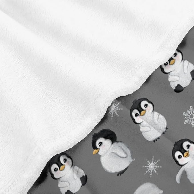 Thuswarm Cute Penguin Grey Flannel Throw Blanket Gifts Warm Cozy Soft Funny Print Blankets for Summer Room Decoration Bed Couch Sofa 60”×50” Medium for Teen