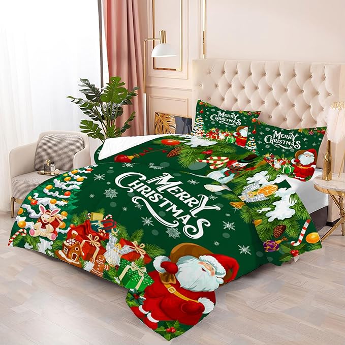 Green Christmas Comforter Twin: Merry Xmas Santa Claus Bedding Set for Kids Teen Girls Boys Christmas Tree Gifts Quilts Holiday Decor Bed Set 1 Comforter & 1 Pillowcase