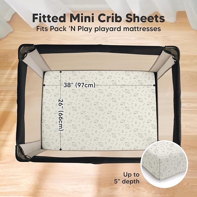 2-Pack Pack and Play Sheets, Waterproof Mini Crib Sheets Fitted - Organic Cotton Pack N Play Sheets for Graco Pack and Play Mattress, Playard Baby Crib Sheets, Neutral for Boy,Girl,Toddler(Pine Grove)