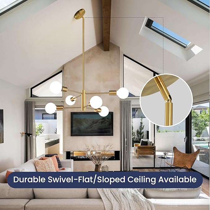 Modern Sputnik Chandeliers Light, 6-Light Gold Dining Room Chandelier Over Table, E26 Mid Century Ceiling Light Fixtures Height Adjustable Hanging Pendant Lighting for Entryway Foyer