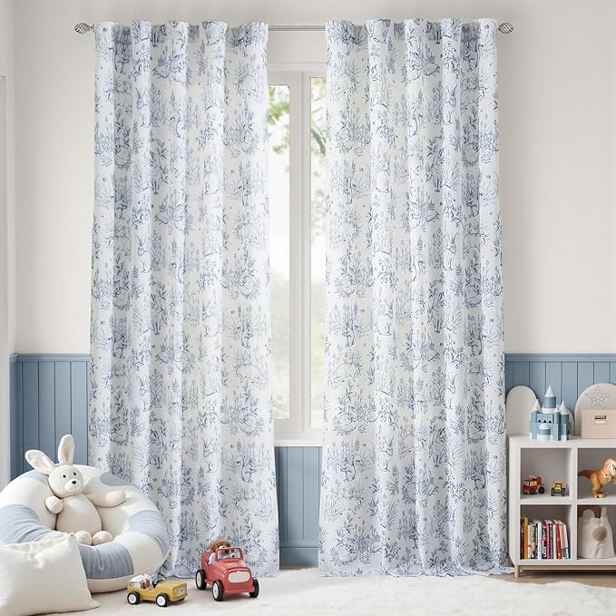 jinchan Linen Nursery Curtains 90 inch Long Woodland Wildlife Blue Print Drapes for Kid's Room Light Filtering French Country Farmhouse Curtains with Bunny and Forest Design Set of 2 Panels