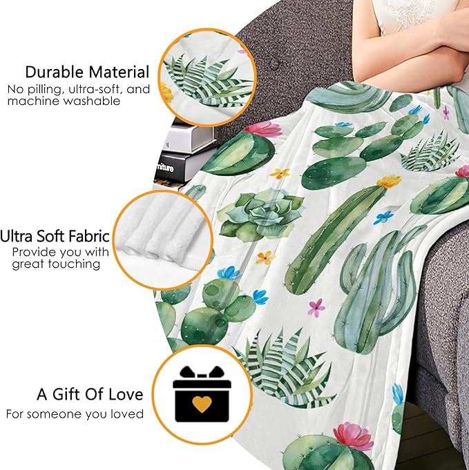 Thuswarm Cactus Flower Succulent Flannel Blanket for Autumn Winter Gifts Warm Cozy Soft Funny Print Throw for Bed Couch Sofa 80”×60” Large for Adult
