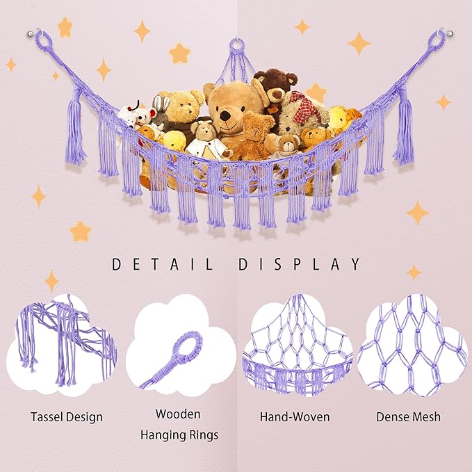 Stuffed Animal Hammock with LED Light, Large Stuffed Animals Storage Corner Plushie Net for Kids Room Decor, 2 Packs Purple