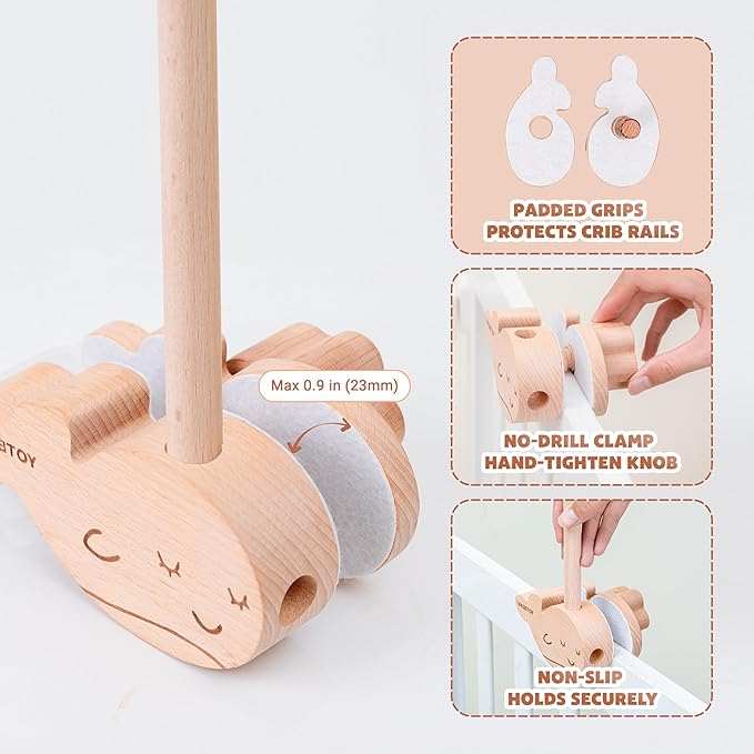 Wooden Baby Crib Mobile Arm, 31 Inch, Solid Beech Wood, 360° Rotatable, Whale Design, Adjustable, Anti-Slip, Mobile Hanger for Crib, Nursery Decor for Boys & Girls, Gift Accessories