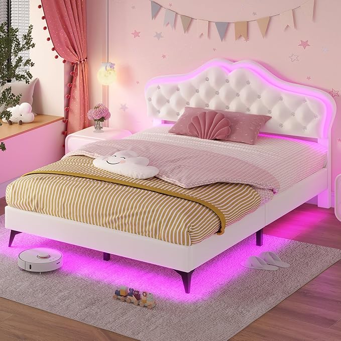 ADORNEVE Full Bed Frame with RGB LED Lights, Princess Bed Frame with Adjustable Crystal Button Headboard, Velvet Upholstered Platform Bed for Girls, Solid Wooden Slats, Easy Assembly, Creamy White
