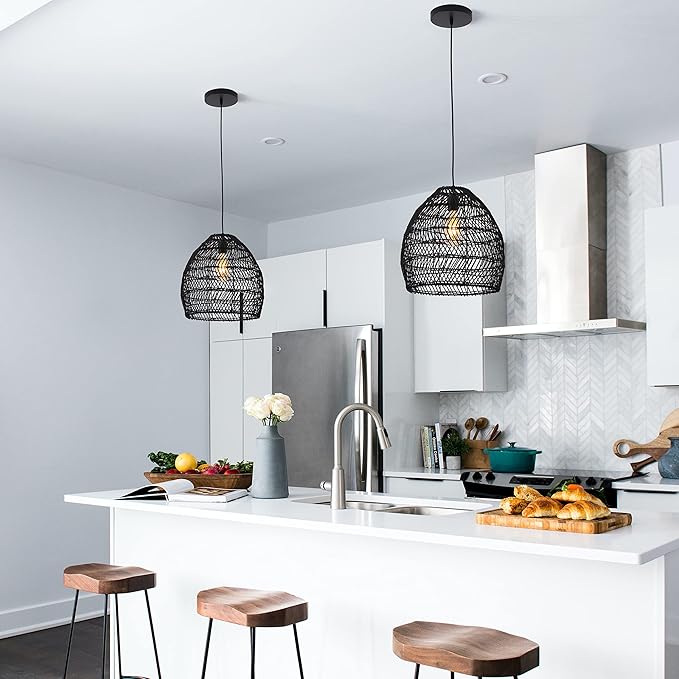 Bamboo Pendant Light Fixture Boho Style 1 Lights Rattan Pendant Lamp Woven Hanging Light for Kitchen Island Nursery in Black(17.7" W)