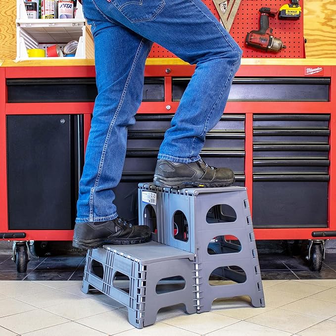 Bee Neat Folding 2 Step Stool for Adults - Collapsible & Foldable Step Ladder for Office, Garage, Closet, Bathroom - Non-Slip & Wide Stepping Stool Supports 300lbs - Industrial - Gray