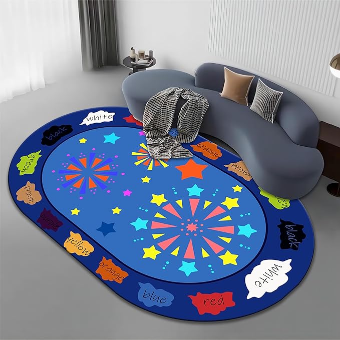 Kids Educational Rug, 5x8ft, Children's Area Rugs for Learning Colors and Shapes, Stars Firework Pattern Oval Rug for Classroom Playroom, Soft Non-Slip Blue Floor Mat for Boys Girls Bedroom