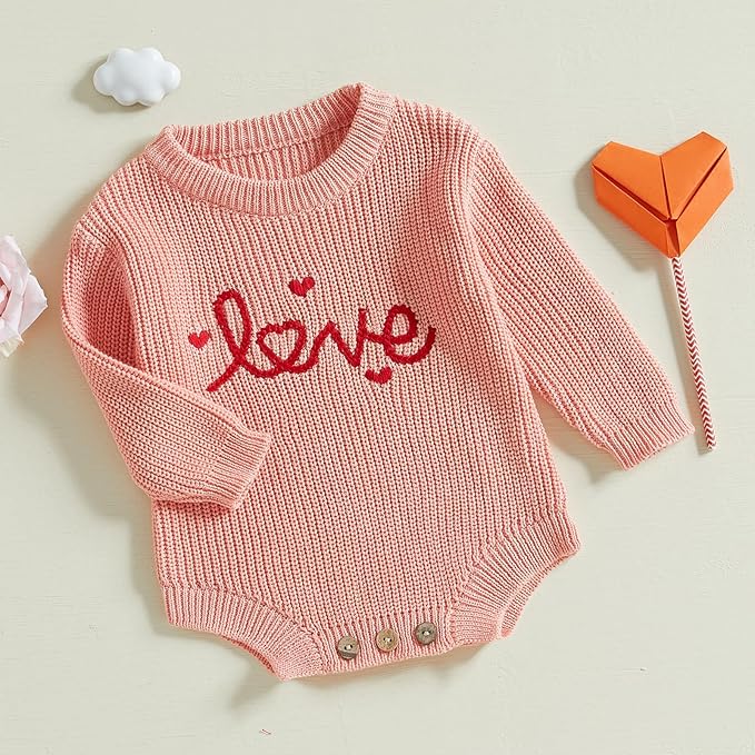 Lesimsam Newborn Baby Boy Girl Valentines Day Outfit Oversized Embroidery Long Sleeve Knit Sweater Bubble Romper Bodysuit