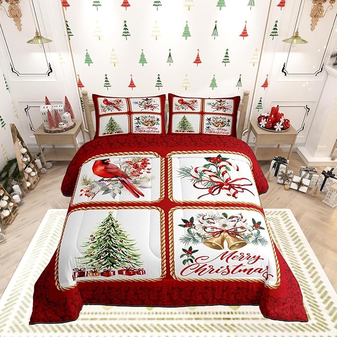 Christmas Plaid Comforter Set Toddler Size,Berries Cardinals Xmas Pine Print Bedding Set for Kids Boys Girls Adult,Floral Bells Red Lace Grid Patchwork Quilted Set with 1 Pillowcase, Red White